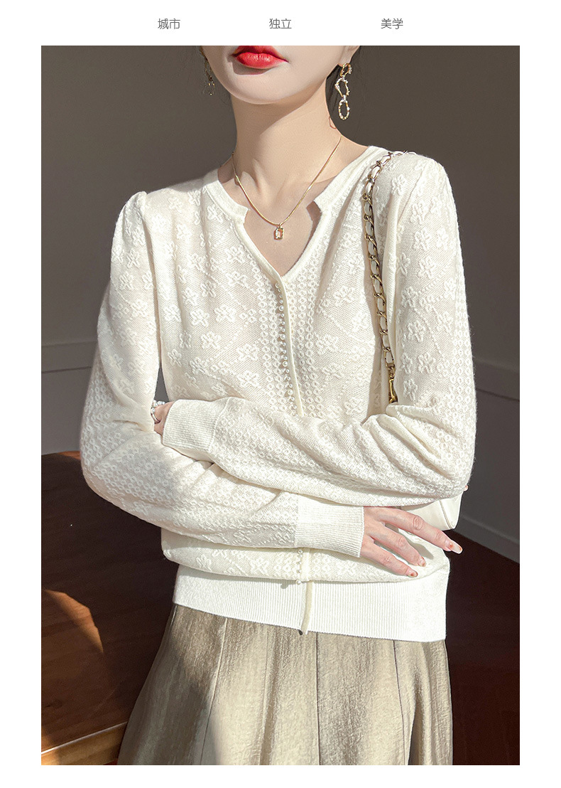 春季新款女装 精纺羊毛打底衫 气质长袖上衣 蕾丝镂空设计 珍珠扣提花针织衫 女士优雅时尚加工详情10