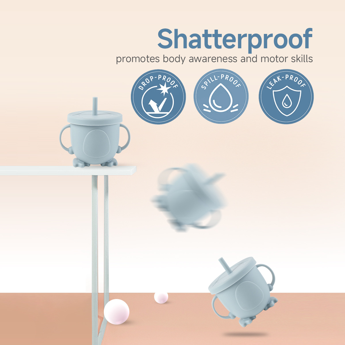 企鹅水杯食品级儿童硅胶吸管水杯现货 跨境婴儿双耳硅胶防摔水杯详情7