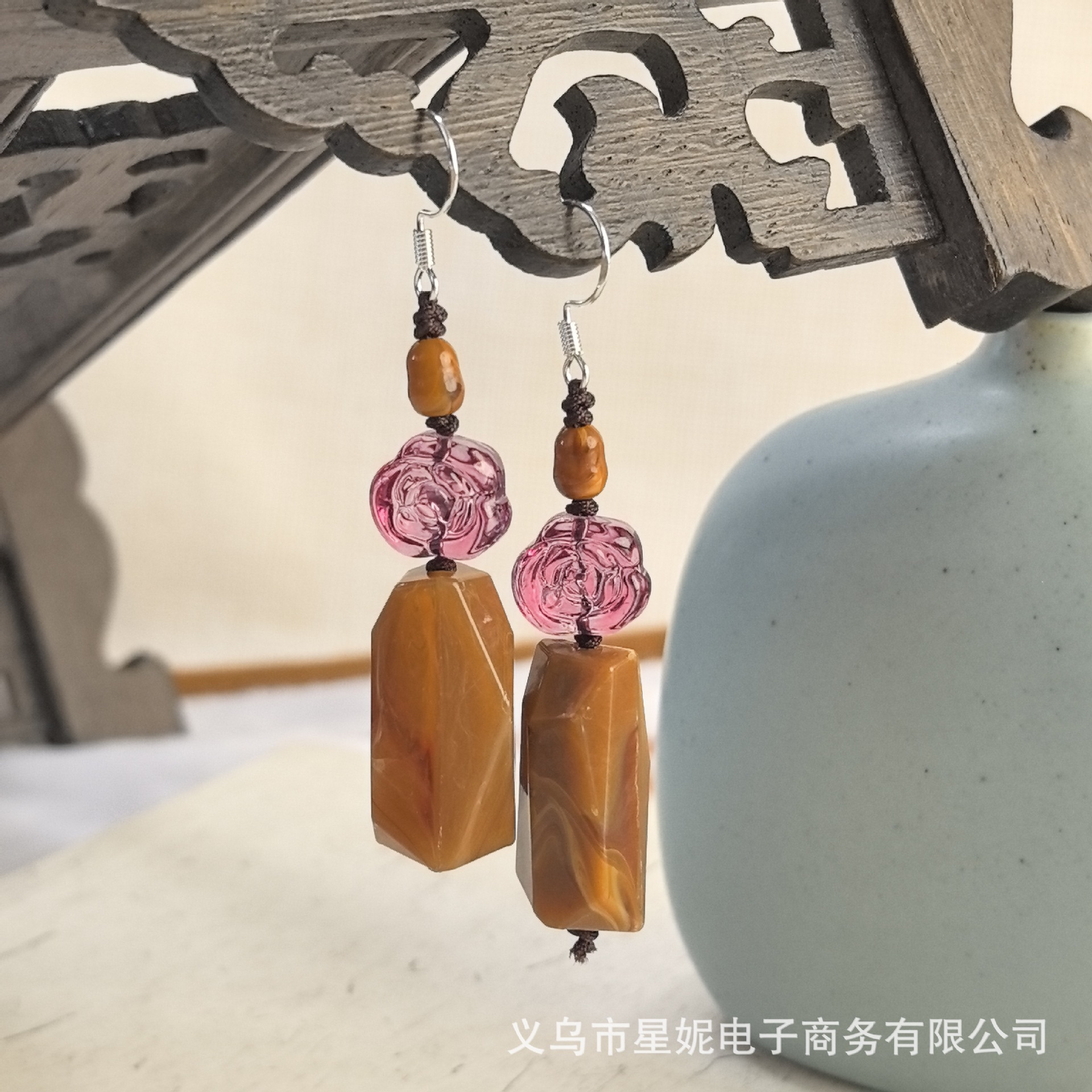 新中式玫瑰花红色紫色清新绿古装汉服轻奢长款不规则耳饰进口详情5