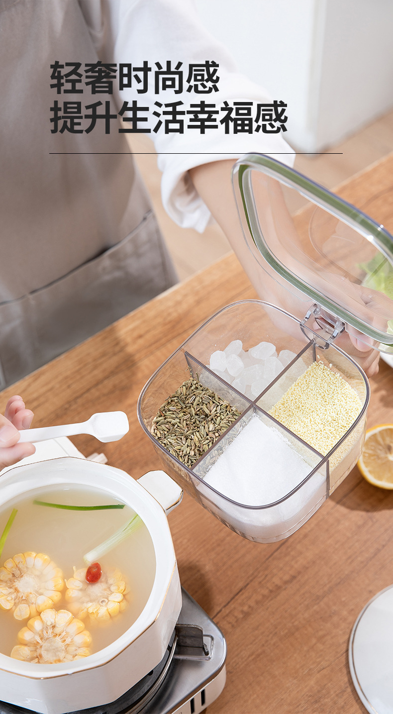 The seasoning box is a household transparent four-compartment large-capacity seasoning jar. The bottle cap is one-piece sealed and moisture-proof with one hand press pic 10