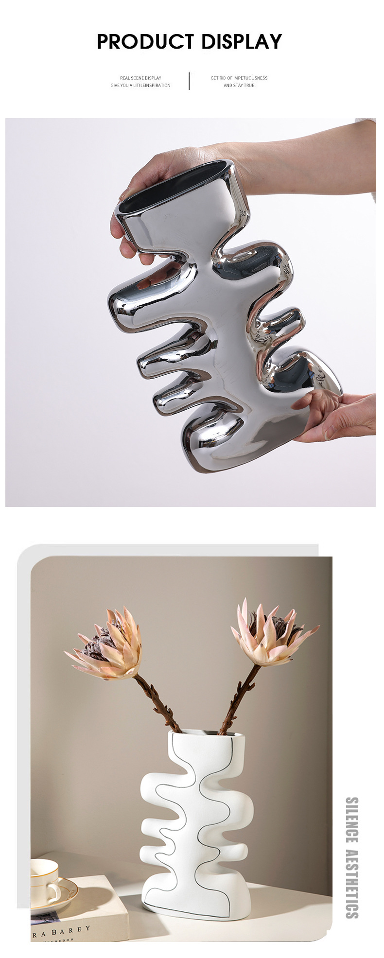 现代艺术家居软装银色陶瓷花瓶摆件 手工工艺品样板房别墅酒店装饰品详情6