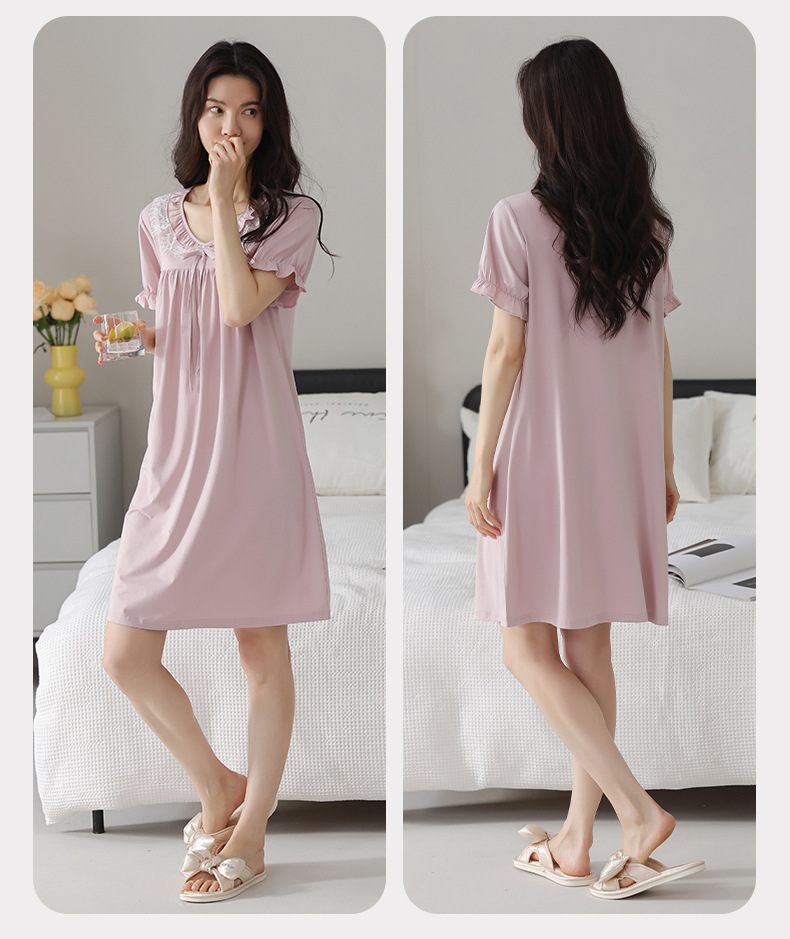 A light short-sleeved casual summer dress with a chest cushion for women. It can be worn as a mid-length skirt. It is made of modal cotton for summer home wear pic 26