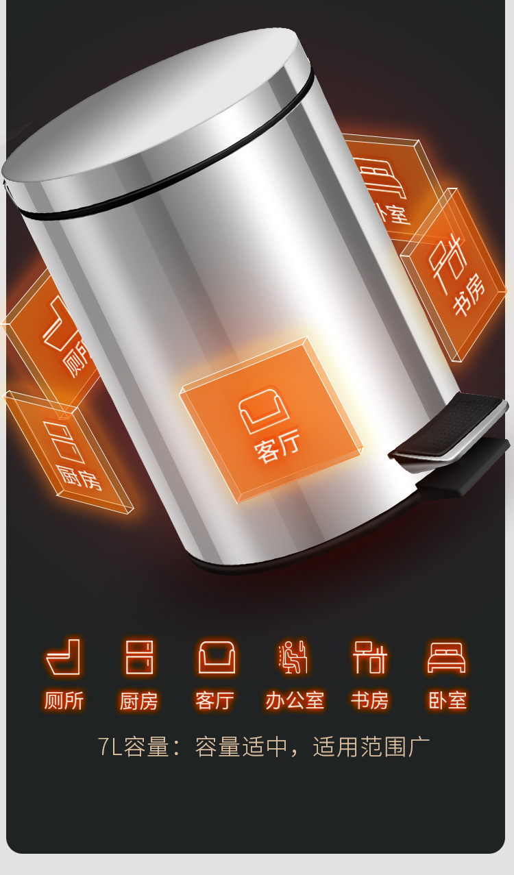 家用不锈钢脚踏式垃圾桶 厨房卫生间客厅适用 带盖设计 脚踩开启方便卫生详情6