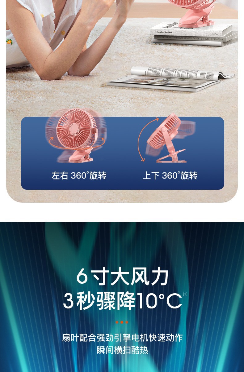 USB风扇大风力迷你便携式6寸超静音无刷桌面小电风扇 夹子式USB小风扇跨境批发风力强劲便携迷你风扇详情7