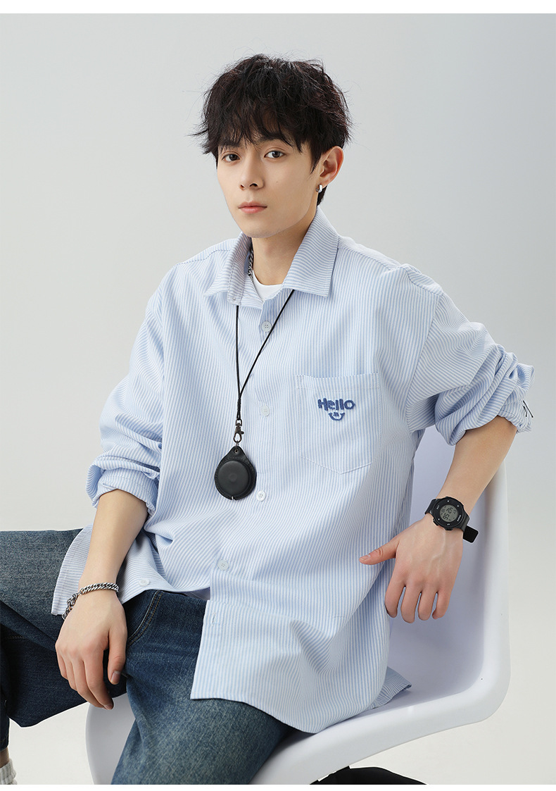 口袋立体刺绣长袖衬衫男春夏新款撞色竖条纹日系宽松情侣衬衣外套详情19