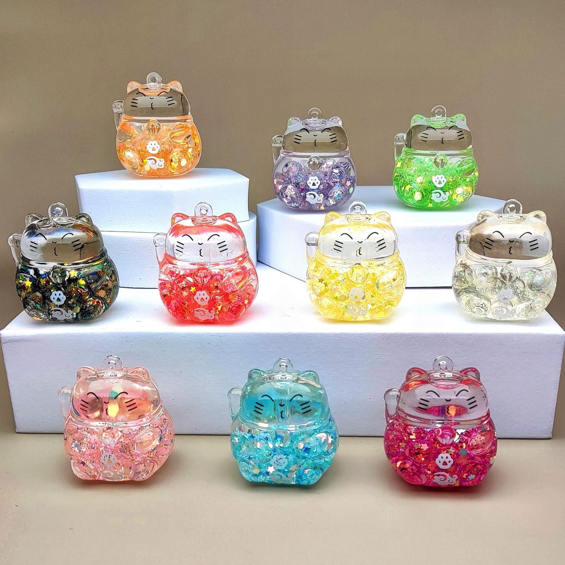 创意亚克力入油流沙瓶夜光泡泡珠招财猫钥匙扣配饰桌面摆件饰品详情1