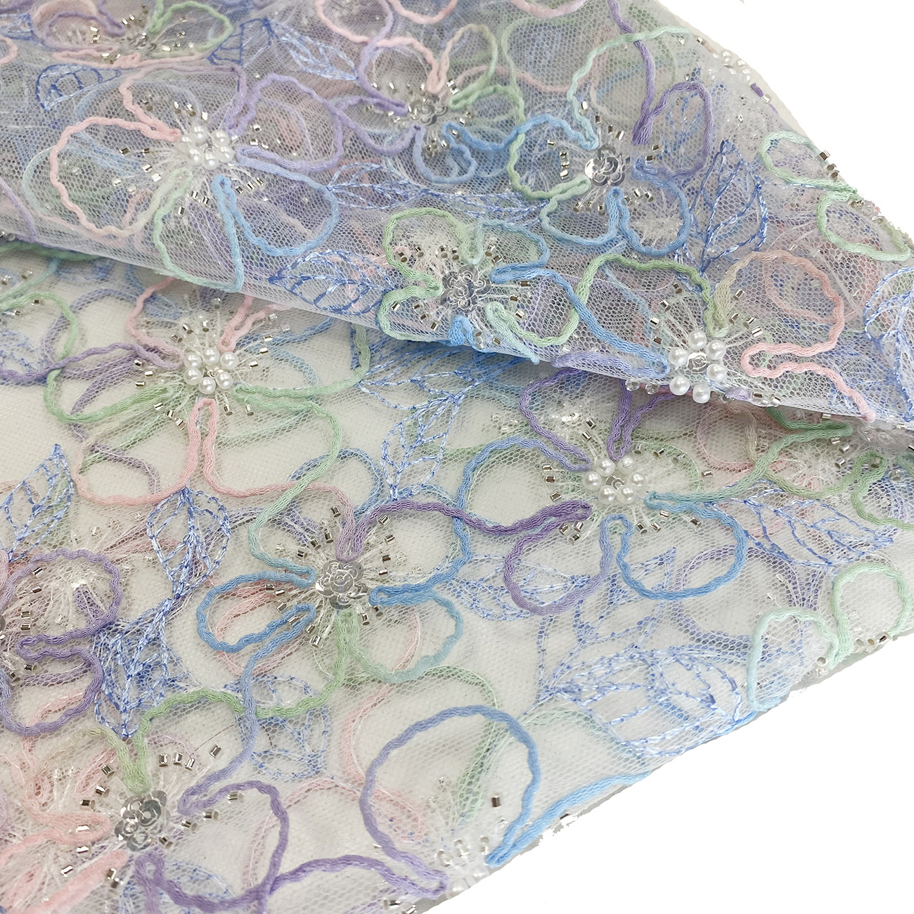 现货时尚彩色多色盘带蕾丝珠子绣花童装女装婚纱礼服面料LACE详情6