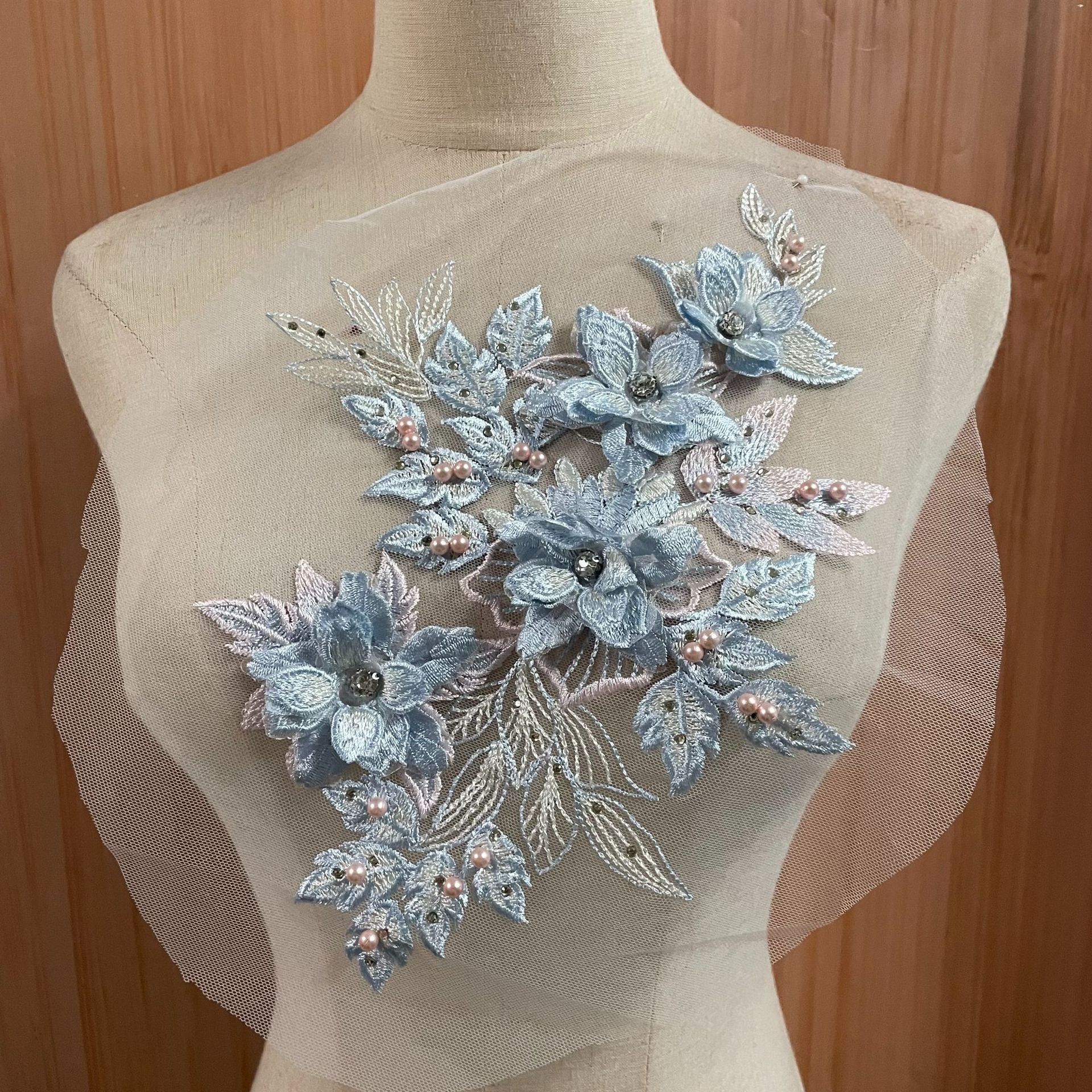 New lace three-dimensional flower fabric applique clothing accessories, hand-stitched diamond decorative applique DIY Hanfu collar flower pic 5