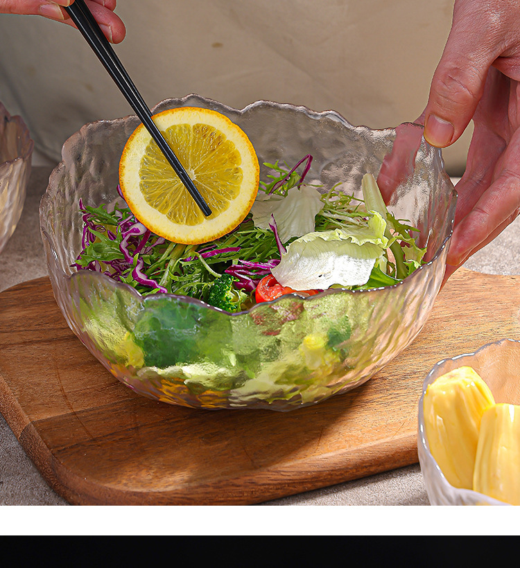 Glass fruit plate, large household salad bowl decoration, snack arrangement, hammer-patterned transparent creative Japanese dessert plate pic 17