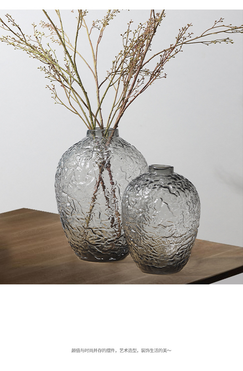 富雅玻璃大肚落地马醉木灰色透明锤纹水培玻璃花瓶家居装饰花器详情3