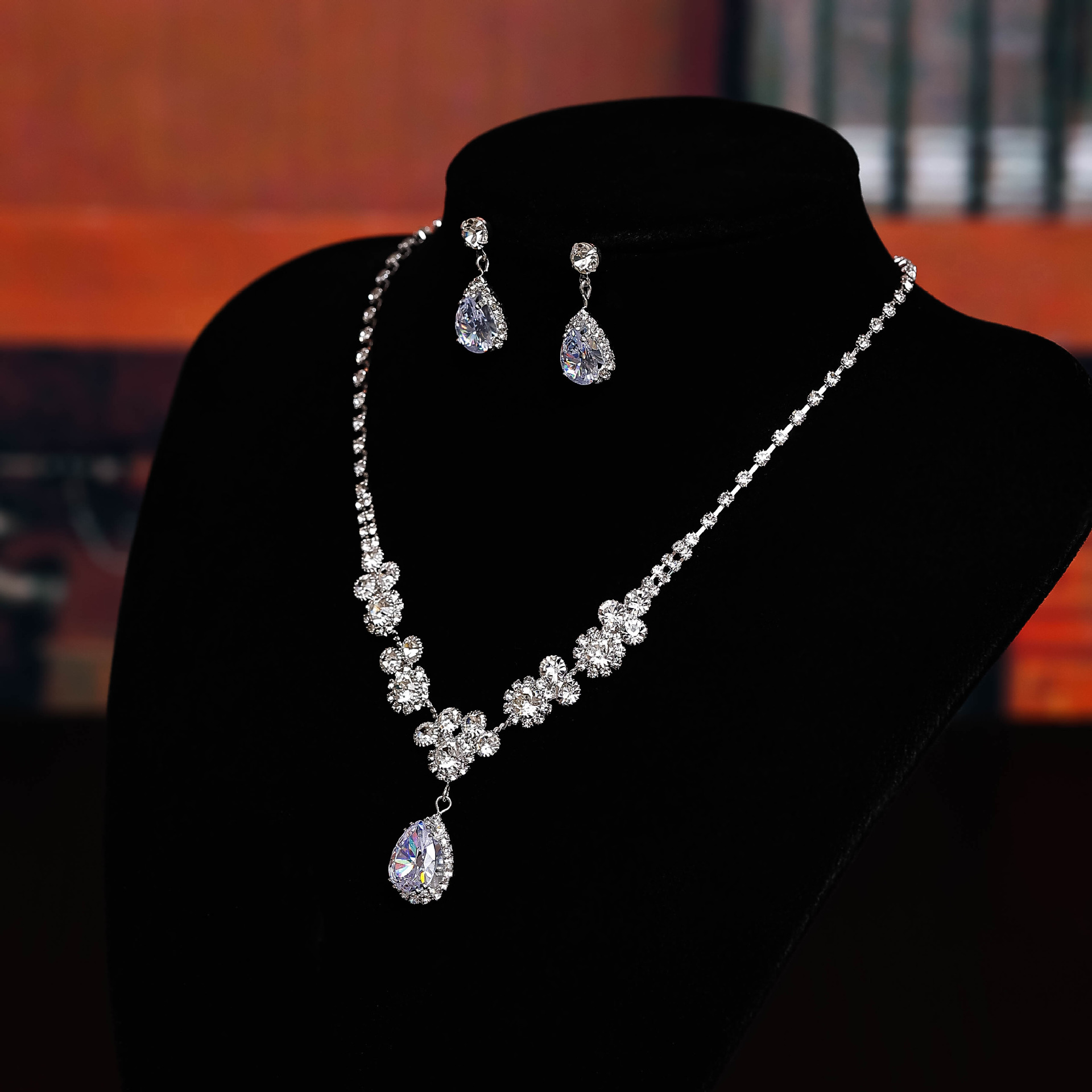 欧美跨境爆款项饰耳饰套装派对宴会珠宝饰品新娘婚礼水钻项链耳环详情14