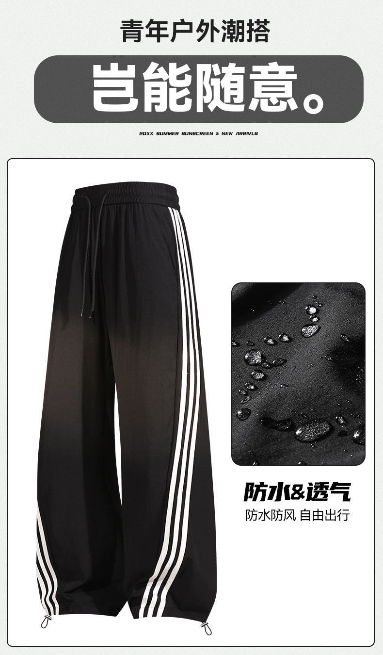 美式冰丝锦纶三条杠阔腿弯刀卫裤男春秋款宽松休闲裤男女时尚潮牌详情1