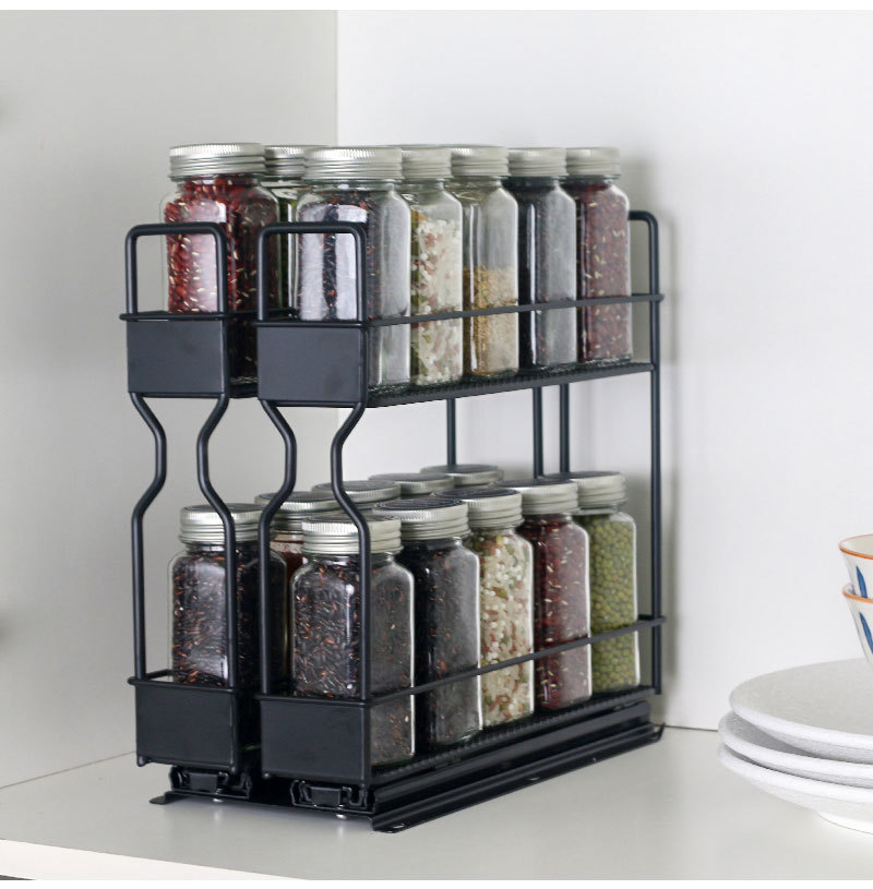 跨境双滑轨厨房调料架可抽拉调料瓶收纳架橱柜双层多用途置物架子详情7