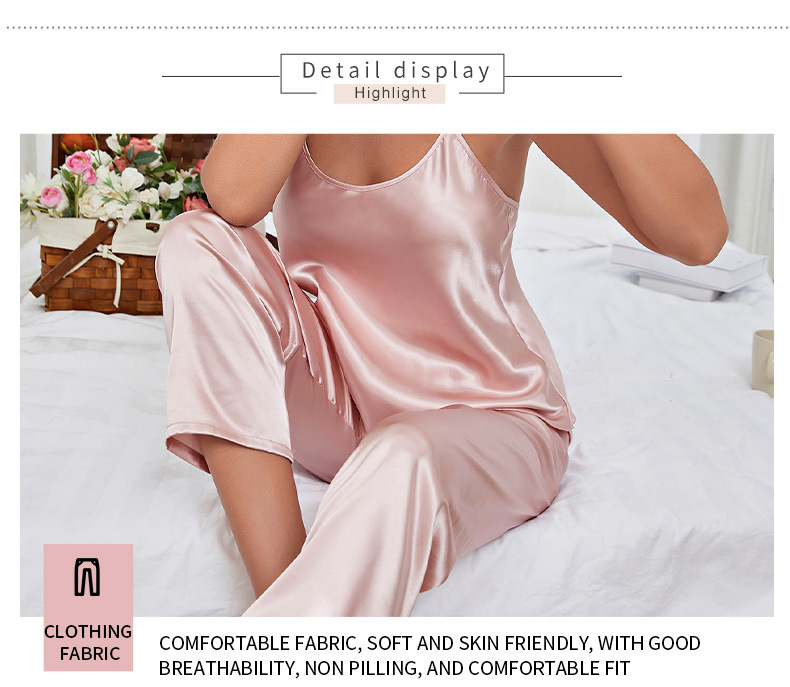 欧美跨境冰丝家居服透气露背吊带裙长裤套装女仿真丝绸睡衣批发详情5