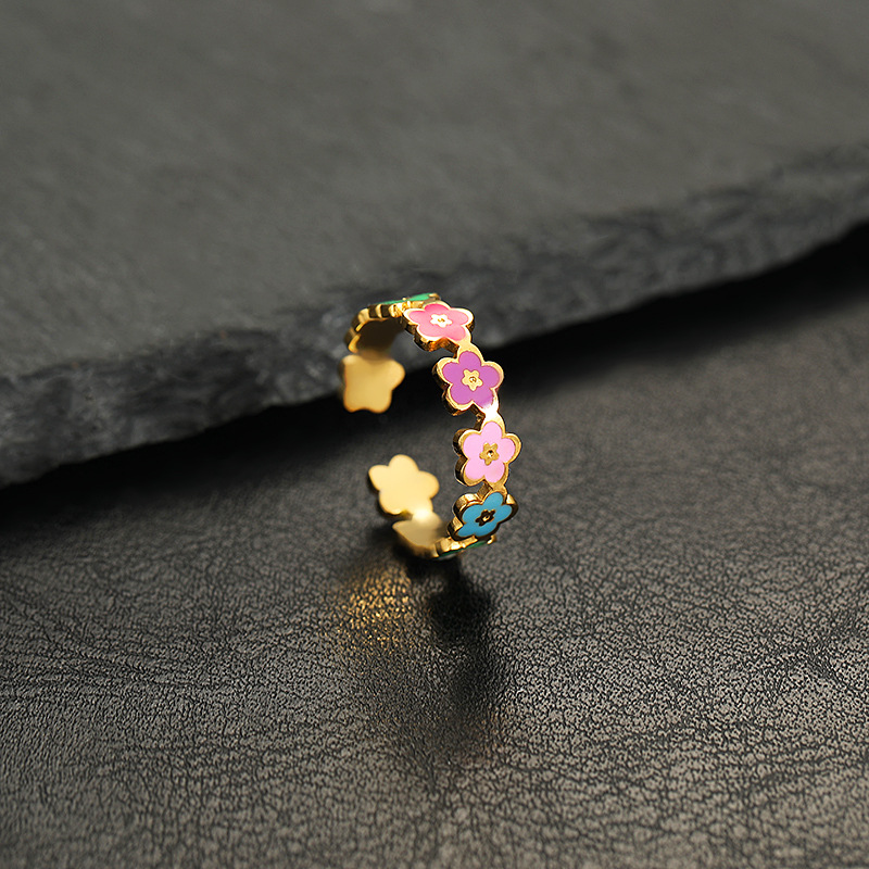 跨境不锈钢饰品清新甜美彩色笑脸花朵开口可调节钛钢戒指女手饰详情6