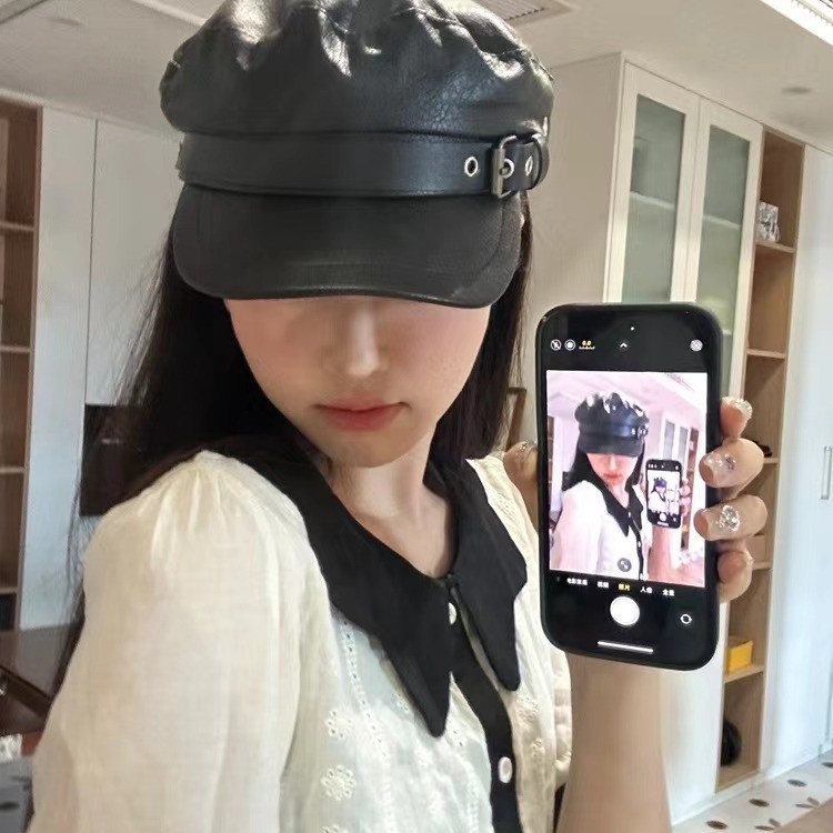 外贸黑色PU全皮海军帽男英伦皮扣鸭舌帽时尚八角帽女春秋休闲皮帽详情1