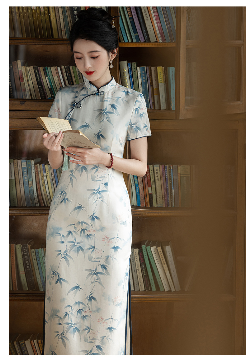 Fresh and elegant bamboo leaf long double-layer style slimming cheongsam short-sleeved new Chinese-style stand-up collar 2025 Summer new style pic 13
