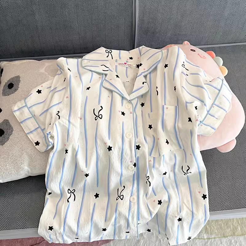 Pajama Women Summer Cloud Cotton 2024 New Style sweet and cute cardigan casual short-sleeved and short-shorts home wear set pic 30