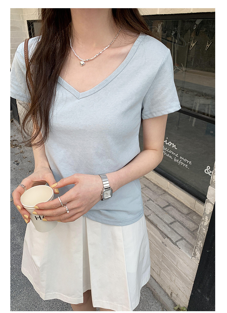 简约百搭V领纯色休闲短袖T恤女2024夏季新款轻薄透气宽松显瘦上衣详情27