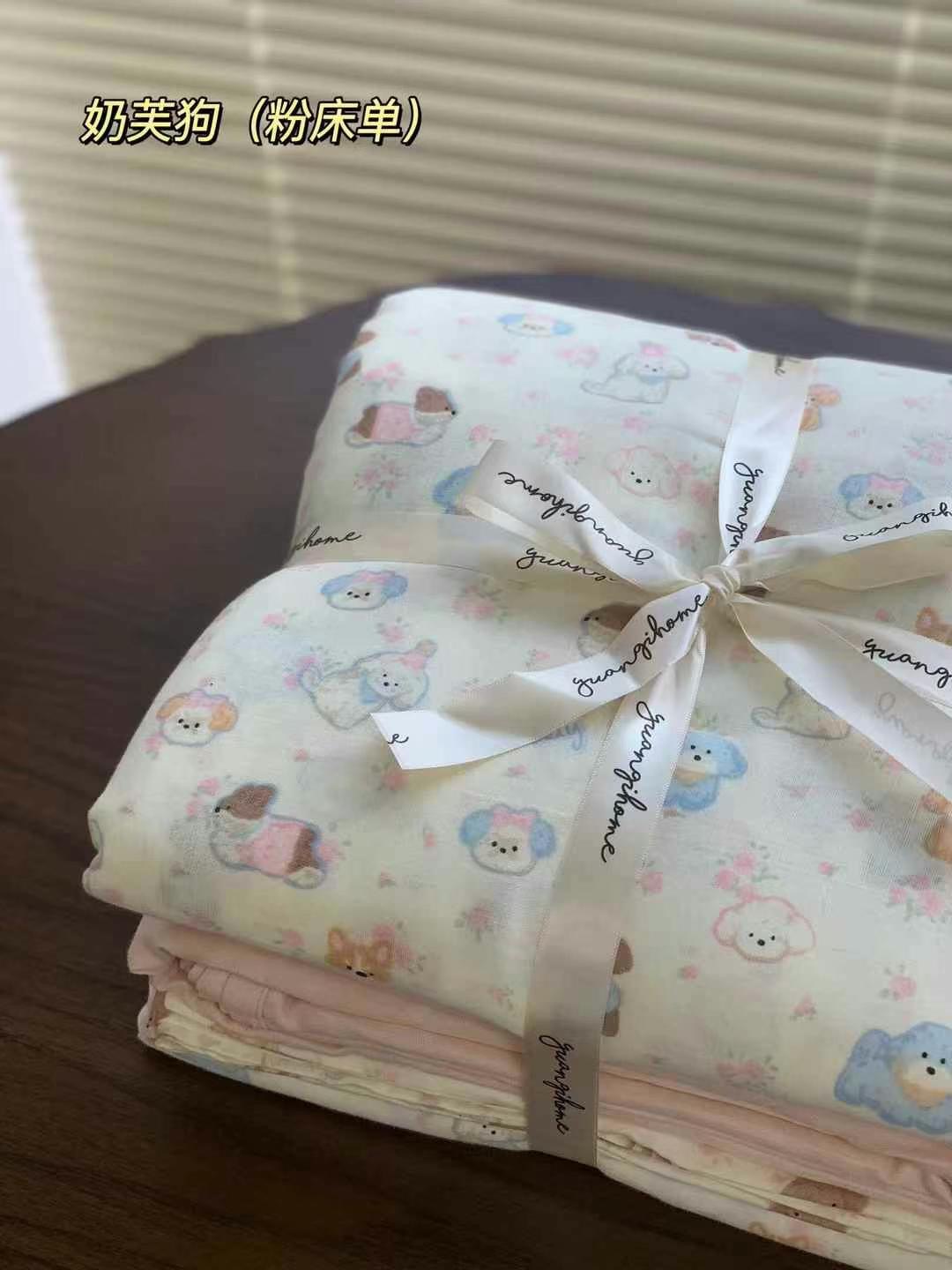 A set of three or four pieces with fresh small floral print double-layer yarn, pure cotton soft naked sleeping quilt cover and cartoon bedding pic 38