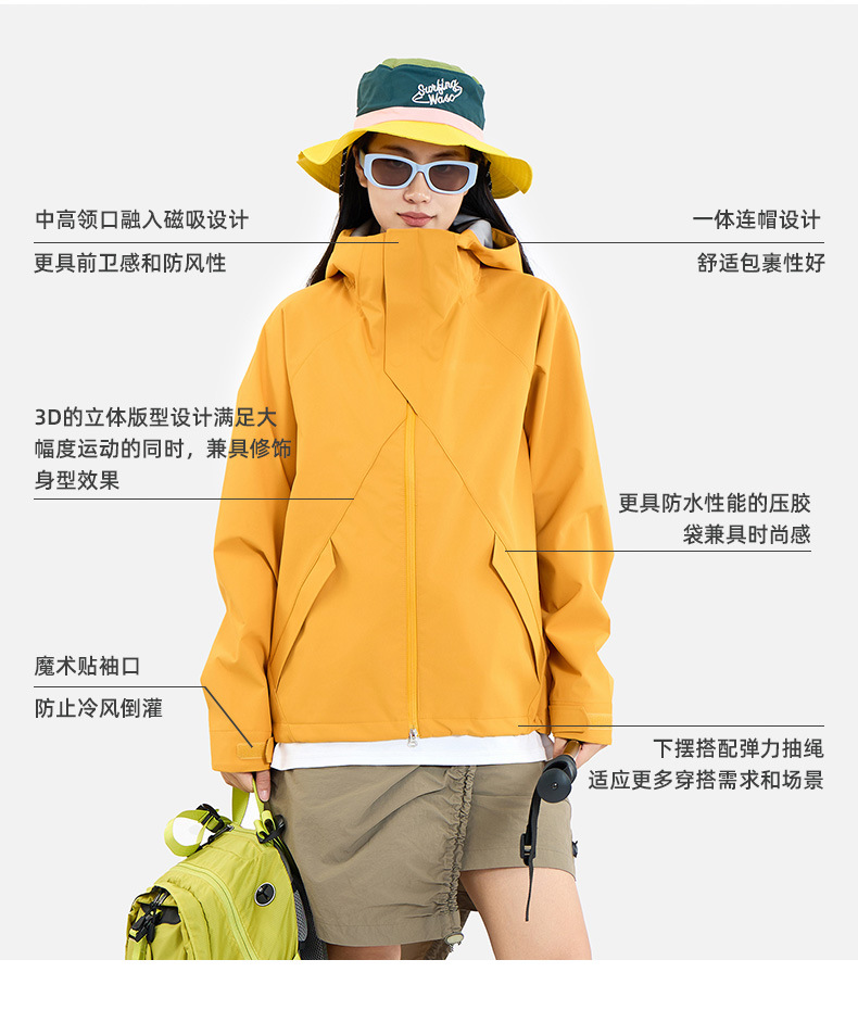 春秋冲锋衣连帽高领磁吸扣防水透气抽绳男女款户外休闲服直播爆款详情7