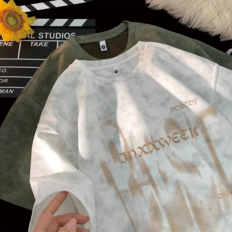 Summer trendy brand American heavy-duty pure cotton short-sleeved T-shirt for men, loose large-sized half-sleeved washed distressed T-shirt base layer pic 9