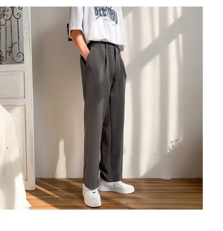 Primavera verano simple recto caída sentido mop pantalones para hombres holgada versión coreana caída sentido pantalones pantalones casuales de pierna ancha vestido formal pic 15