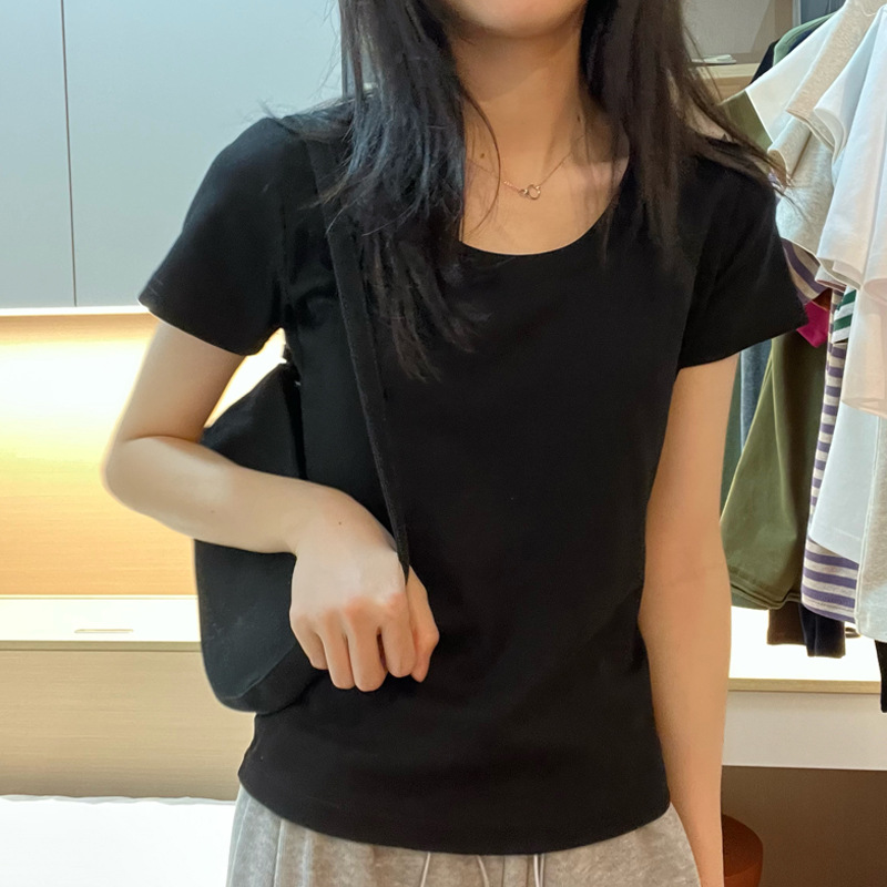 【高品质纯棉】u领收腰正肩显瘦大领口修身短袖T恤女打底衫上衣夏详情23