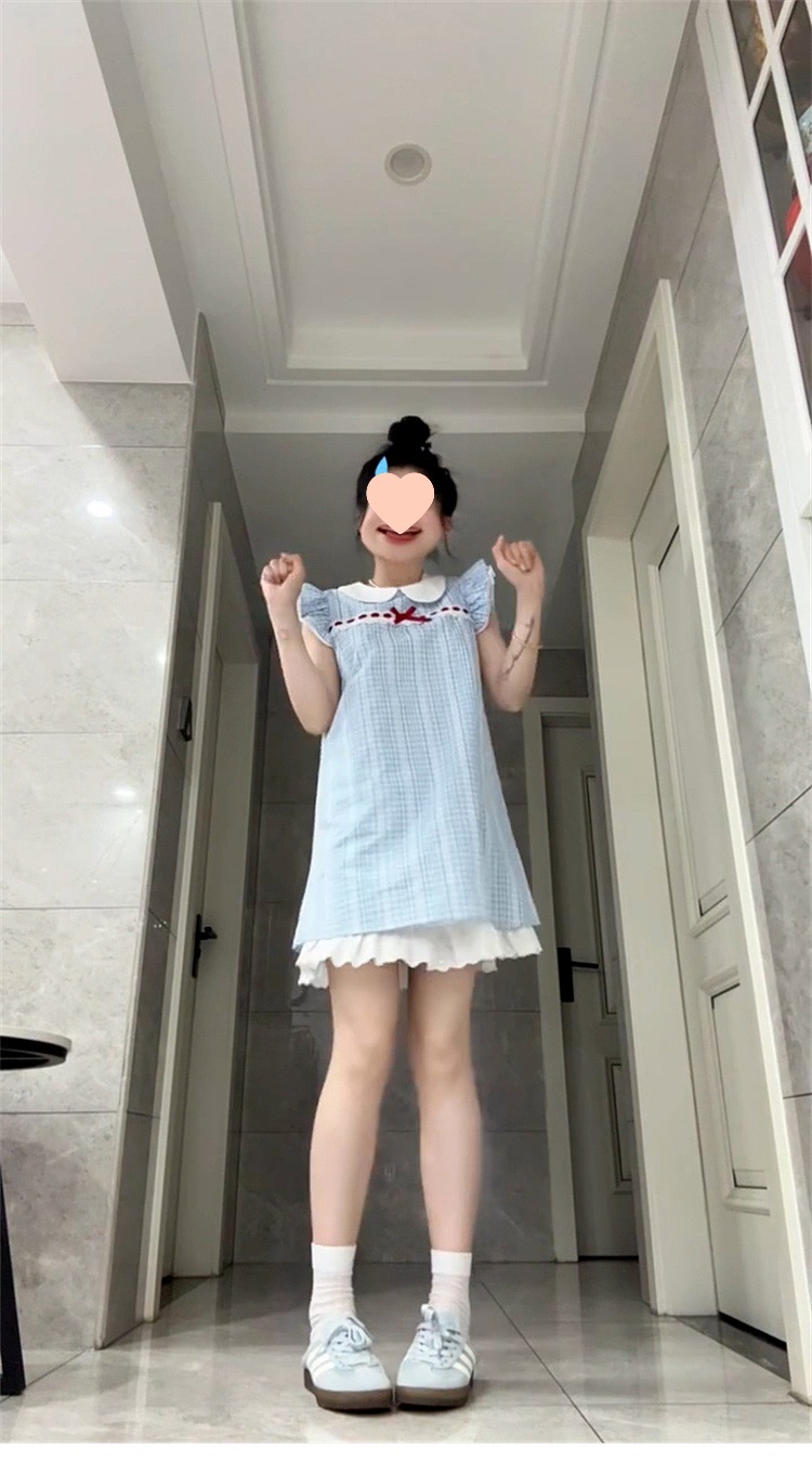 法式娃娃领蓝色小飞袖格子连衣裙子女夏季2025年新款气质公主短裙详情5