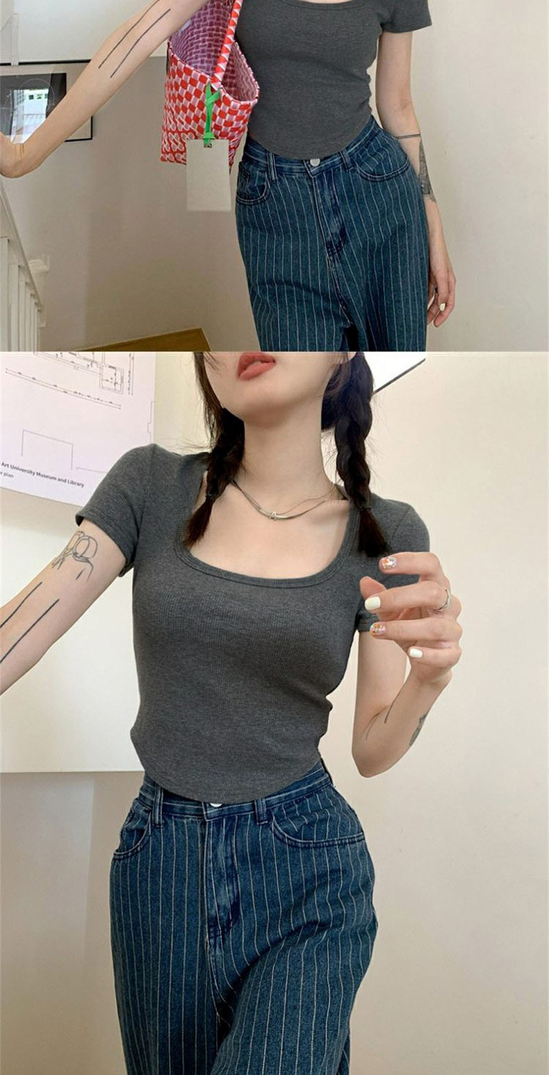 纯欲甜辣妹正肩方领短袖T恤女夏季ins设计感小众百搭显瘦短款上衣详情9