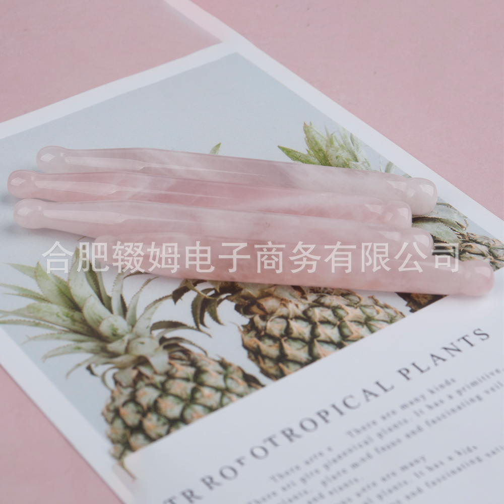 批发外贸天然粉晶玉石按摩器脸部面部刮板质感温润手工打磨穴位笔详情20