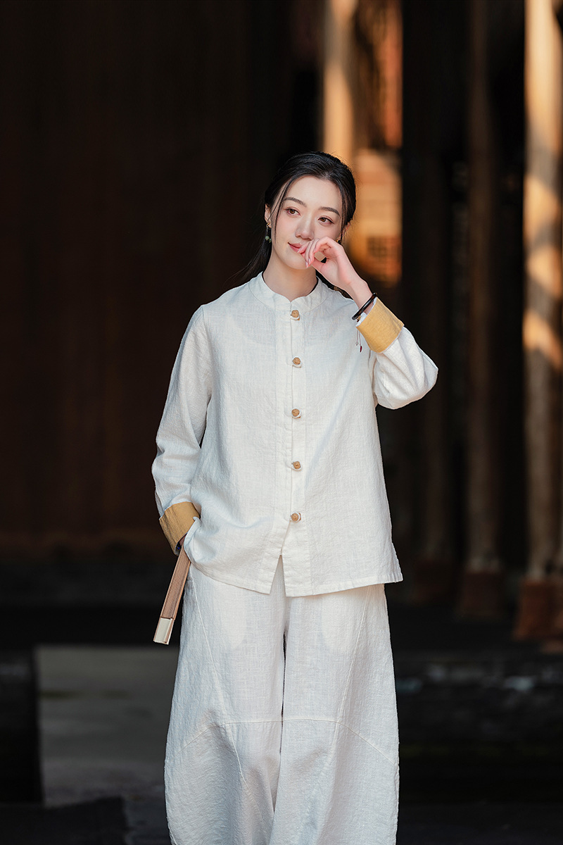 国潮中式棉麻女装拼色盘扣衬衫复古亚麻上衣茶服女禅意中山装国风开衫详情2