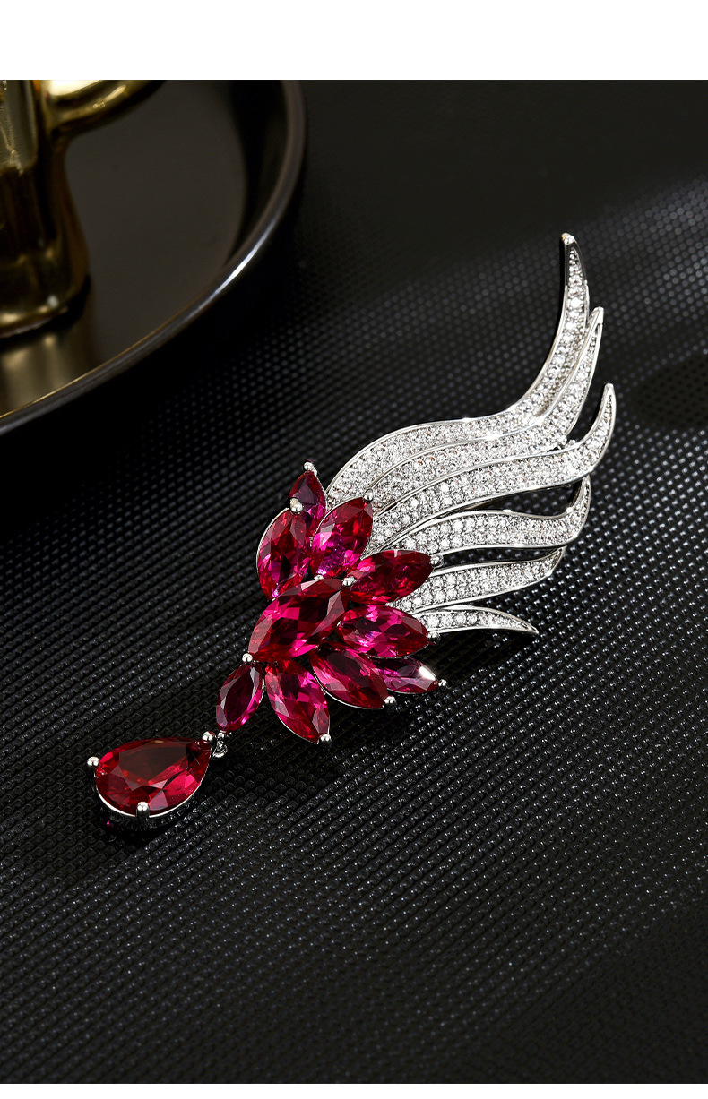 高档天使翅膀锆石胸针时尚创意优雅别针百搭气质红刚玉胸花饰品详情16