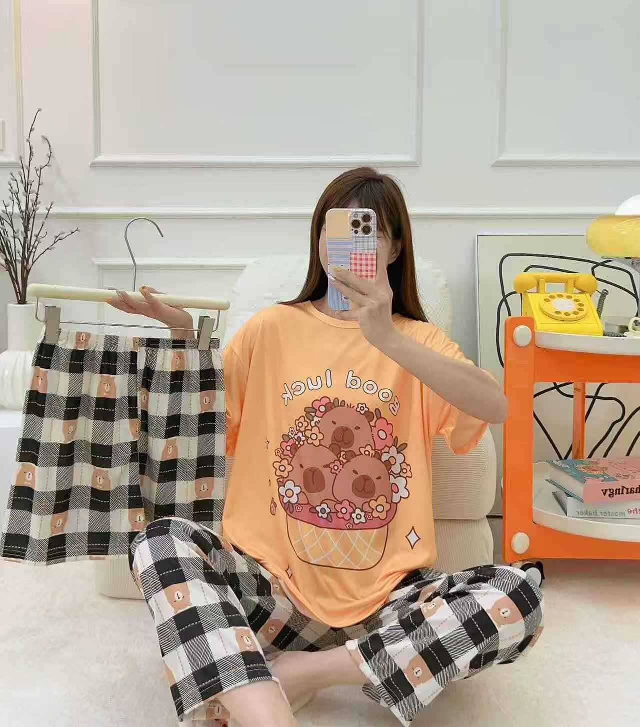 pajamas外贸工厂批发卡通夏季睡衣女短袖大码长裤三件套家居套装详情41