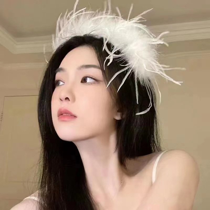 森系新款黑白色羽毛发箍网红气质鸵鸟毛头箍高级感头饰发卡批发详情13
