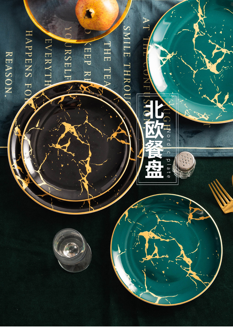 European-style gold-edge tableware, marble-patterned plates, Western plates, steak plates, household tableware, banquet dessert presentation model room pic 1