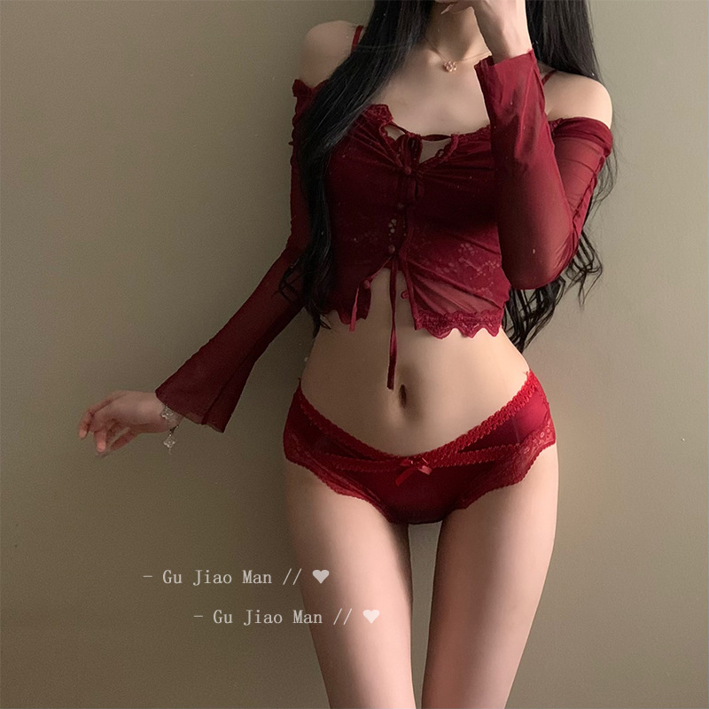 新年组合安可拉红性感高奢缎面蕾丝内裤女纯欲镂空诱惑火辣本命年详情2