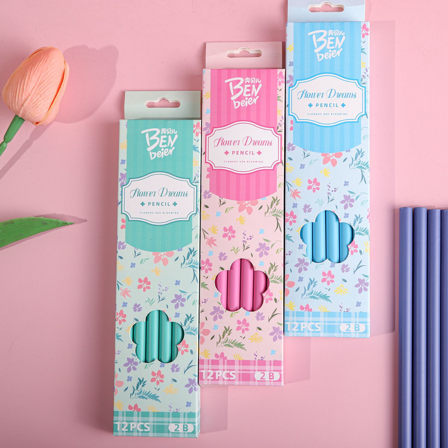 Cartoon and fresh floral print pencils, a special writing stationery for students. 12 cute 2b pencils in a box pic 6