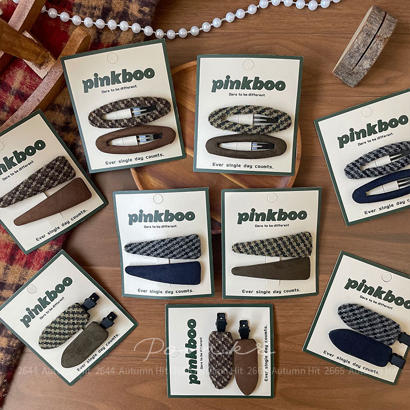 韩系简约毛呢发夹复古格纹侧边夹 日常通勤氛围感发夹秋冬气质pinkboo 复古格纹呢料发夹：棕蓝调简约款 通勤百搭秋冬质详情2