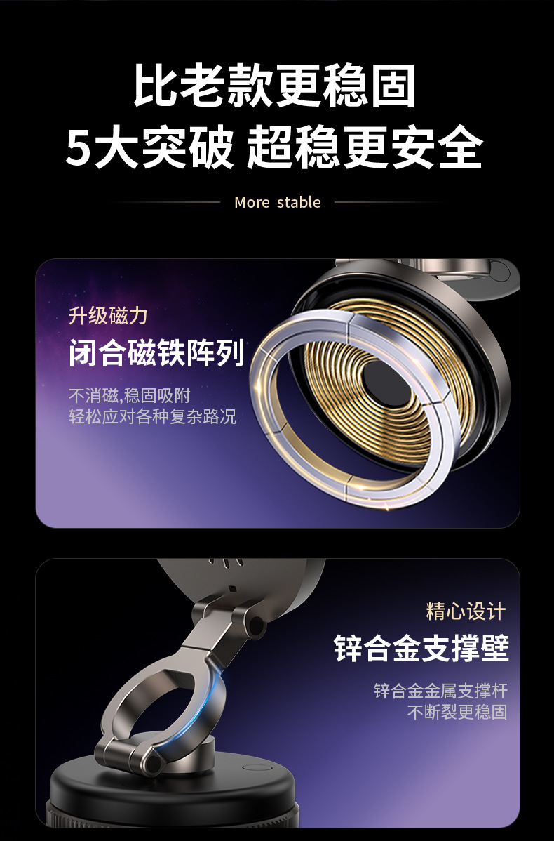 跨境新款真空吸附车载手机支架360°旋转折叠15W无线充磁吸支架详情2