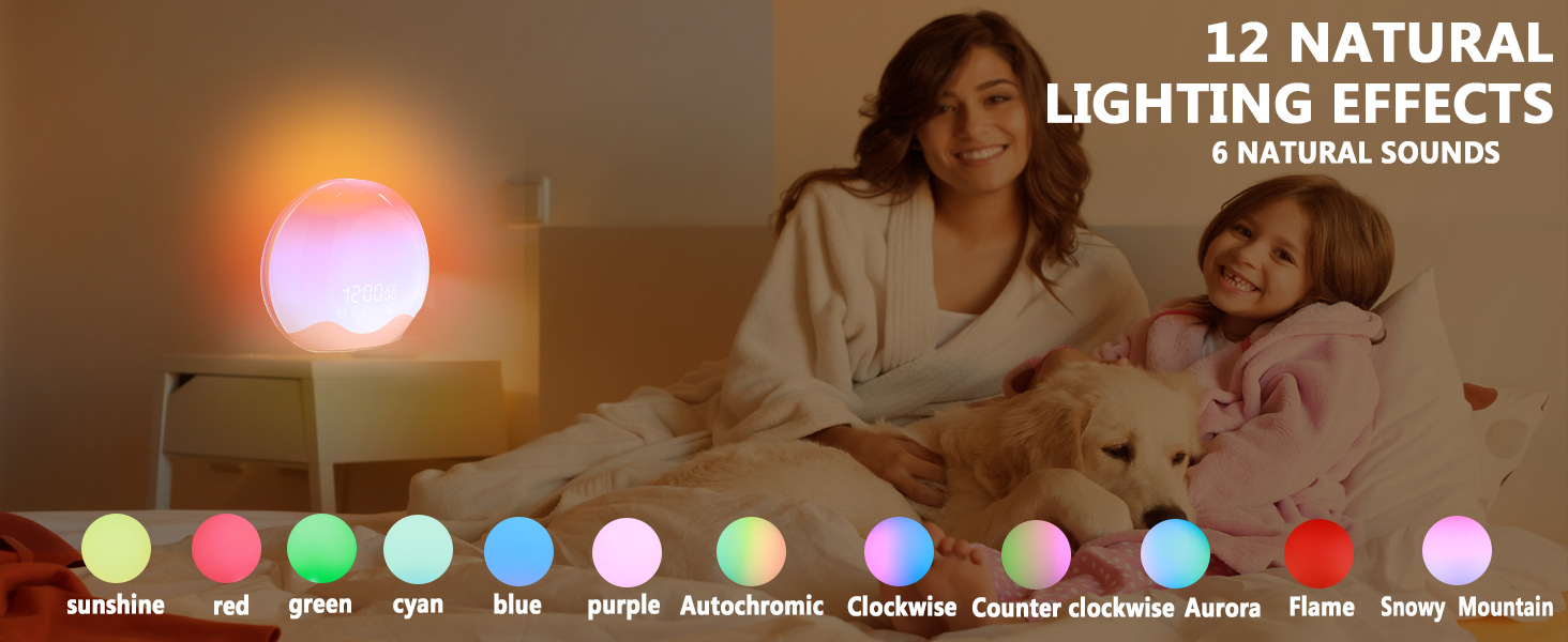 The new shell double-sided luminous simulation sunrise wake-up light, seven-color atmosphere night light, LED electronic time alarm clock pic 3