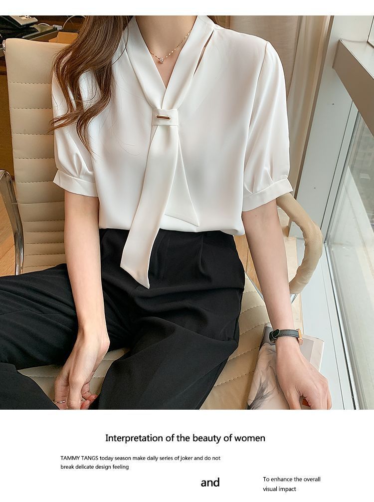 夏季短袖衬衫女装2024夏季新款气质蝴蝶结职业白领工作服短袖衬衣1详情6