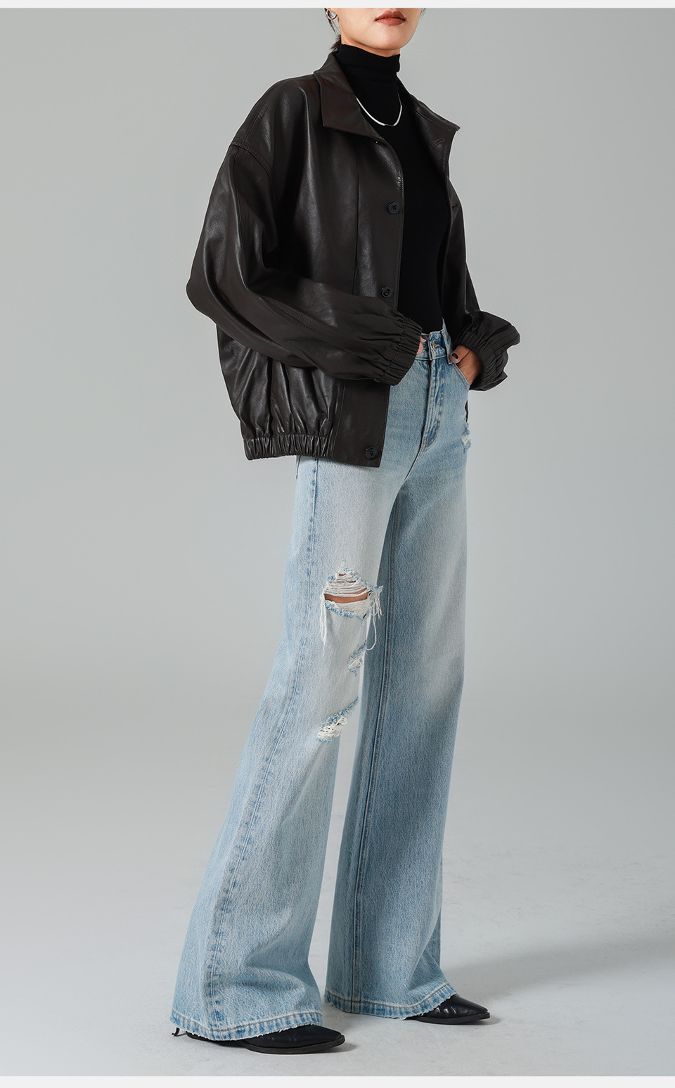 Classic light blue ripped high-waisted flared jeans for women, wide-leg retro flared pants, 25 early autumn new style, slimming pic 22