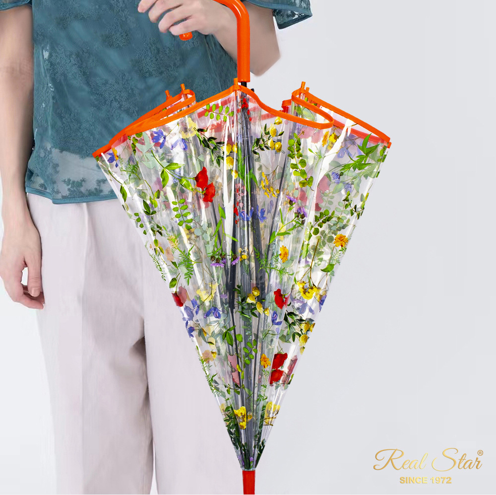 RST新品透明伞带图案富贵花朵成人塑料雨伞批发自动开彩色印刷伞详情5