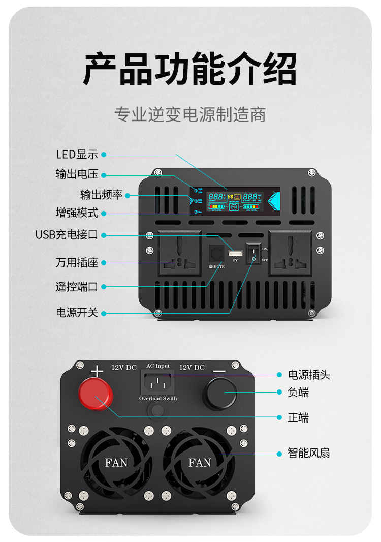 12v纯正弦波逆变器充电一体机ups1000-5000w离网逆变器12V24v汽车详情8