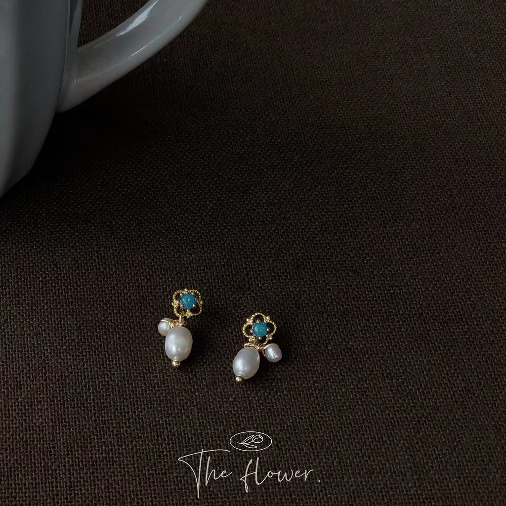 Bright blue dazzling freshwater pearl vintage 925 silver needle plated 14K earrings, French simple and small stud earrings for women pic 1