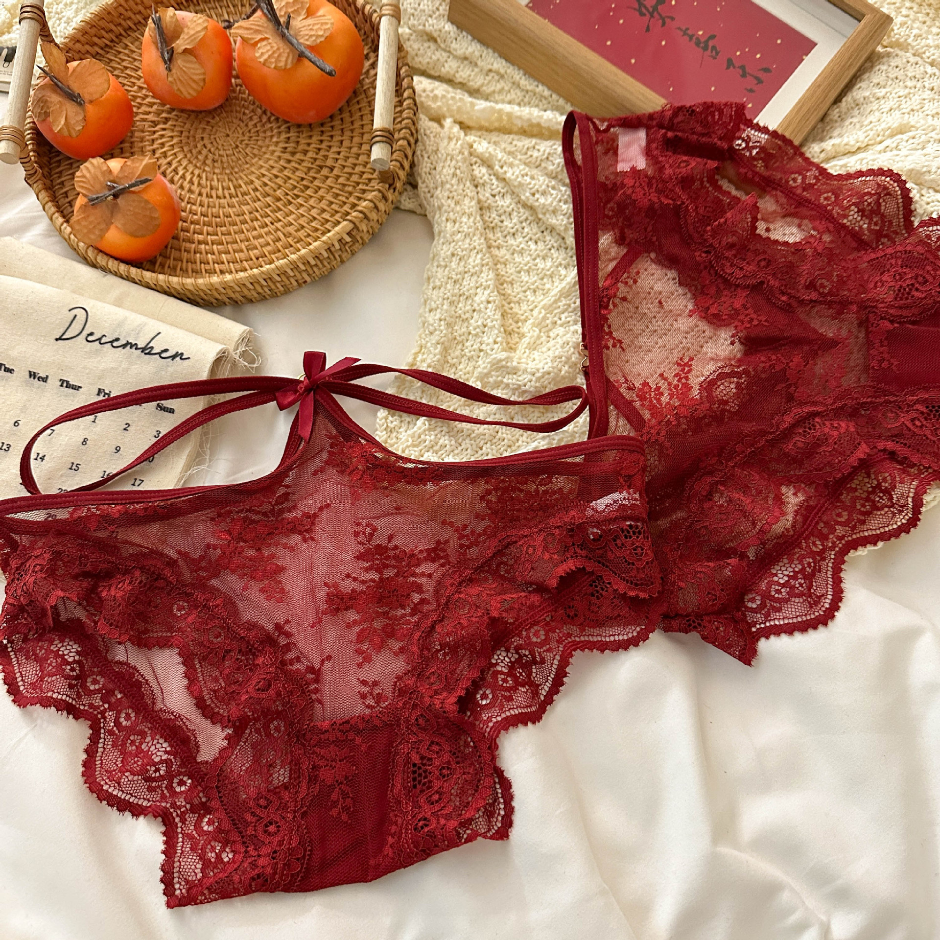 Zodiac year combination ~ Red underwear, lace, sexy ladies, pure cotton, breathable and comfortable triangle pants, New Year underwear pic 4