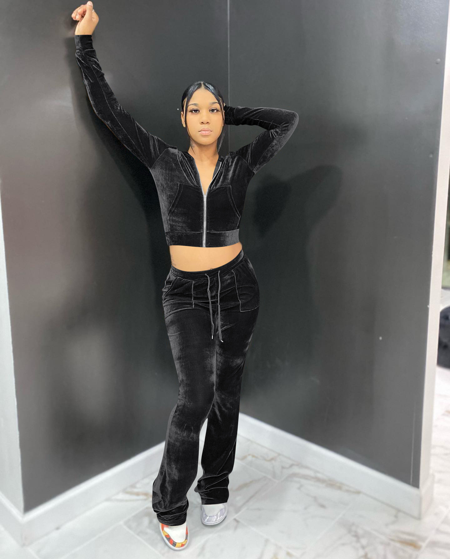 Solid color gold velvet wide-leg pants two-piece set pic 52