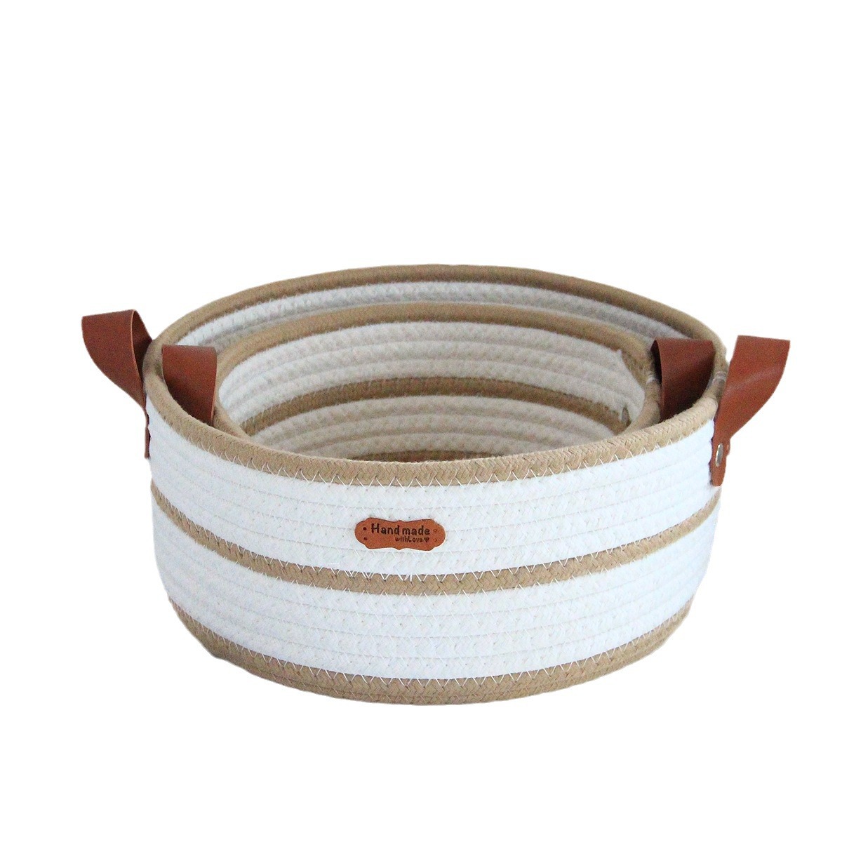 Round cotton rope woven storage basket with leather handle, InS-style desktop storage basket, cosmetics and toys storage box, Nordic style pic 33