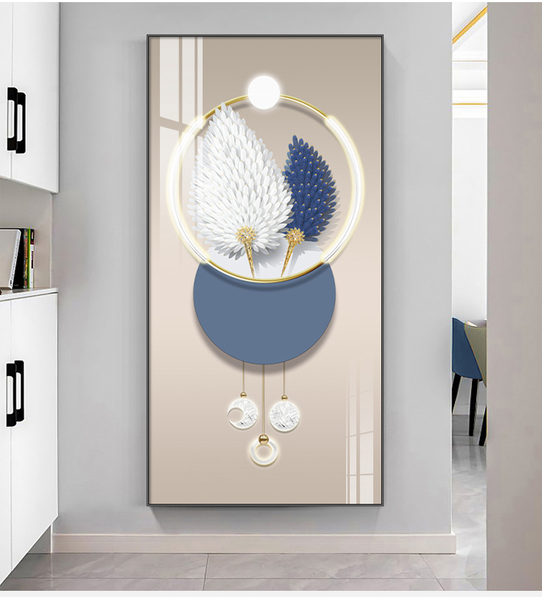 Feather entrance hall decorative painting, modern light luxury living room corridor corridor mural, vertical panel entrance background wall hanging painting pic 3